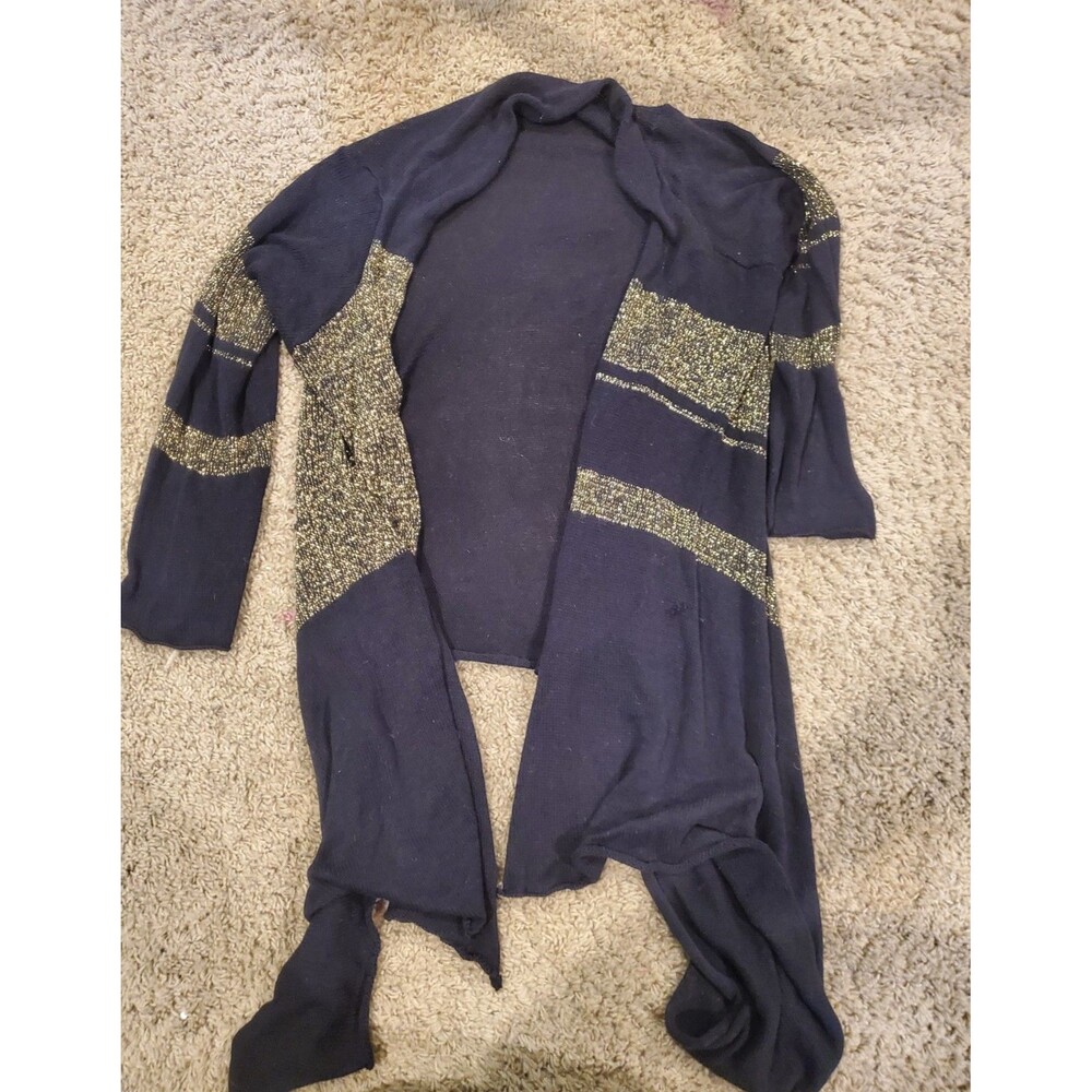 Goddis Black Open Knit Drape Cardigan Sweater Gold Metallic Striped Luxury Boho
